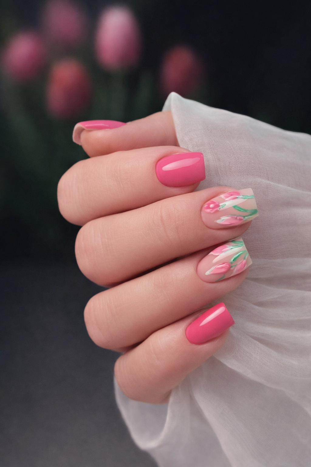 Roze manicure met een fijn bloemontwerp